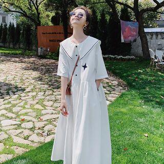 Elbow-sleeve Collar Star Print Midi Smock Dress