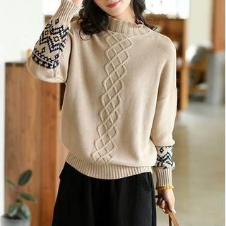 Print Cable Knit Mock-neck Sweater