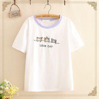 Short-sleeve Cat Embroidery T-shirt As Shown In Figure - One Size