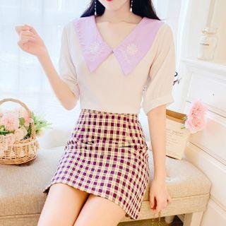 Set: Elbow-sleeve Floral Embroidered Blouse + Fitted Plaid Mini Skirt