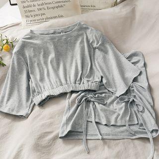 Set: Elastic-waist Crop T-shirt + Drawstring Mini Skirt