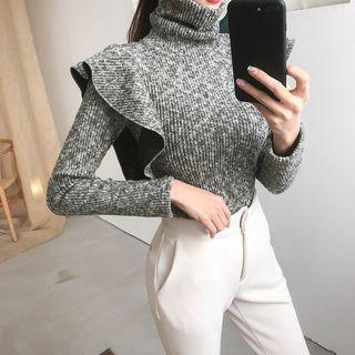 Turtleneck Ruffled Rib Knit Top