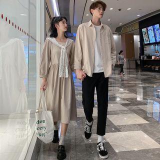 Couple Matching Plain Shirt / Long-sleeve Midi A-line Dress / Cropped Straight Leg Pants