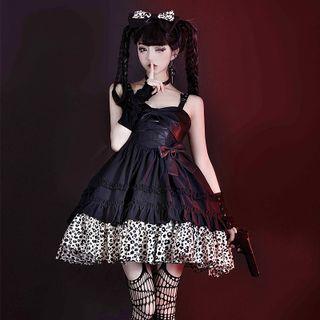 Faux Leather Leopard Print Bow Lolita Dress / Bow Headband
