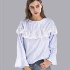 Bell Sleeve Lace Trim Striped Top