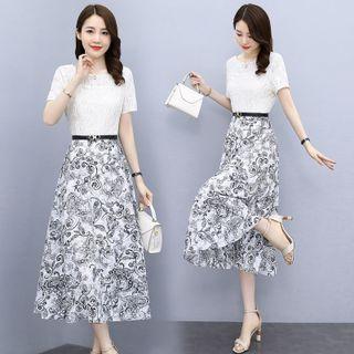 Short-sleeve Lace Paisley Print Midi A-line Dress