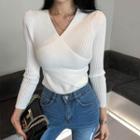Wrap-front Fitted Rib-knit Top