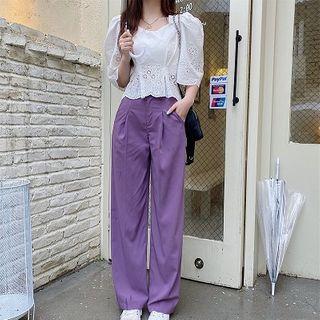 Elbow-sleeve Eyelet Blouse / Band-waist Straight-cut Pants