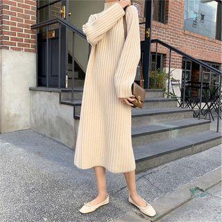 Long-sleeve Ribbed Mock-neck Knit Midi Dress