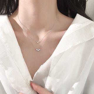 925 Sterling Silver Rhinestone Layered Necklace 925 Silver - As Shown In Figure - One Size