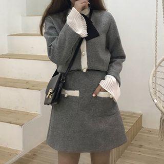 Set: Bow Long-sleeve Top + A-line Skirt