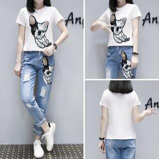 Set: Sequined T-shirt + Distressed Jeans