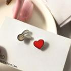 Rabbit & Heart Glaze Asymmetrical Earring 1 Pair - Studded Earring - Red & White - One Size