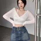 Mock Two Piece Plain Cropped Sweater / High-waist Washed A-line Mini Skirt