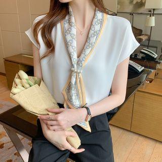 Short-sleeve Tie-neck Satin Top