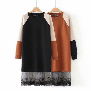 Lace Panel Color Block Long-sleeve Knit Dress