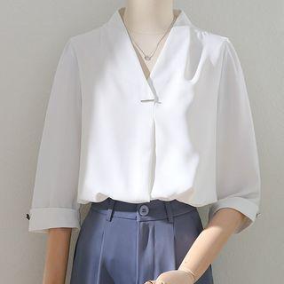 Elbow-sleeve V-neck Plain Shirt