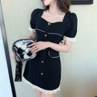 Puff-sleeve Lace Trim Square-neck A-line Dress