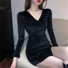 Long-sleeve Rhinestone Velvet Mini Bodycon Dress Black - One Size