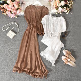 Short-sleeve Crinkled Asymmetric Dress