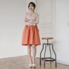 Hanbok Peplum Top (floral / Pink) + Skirt (midi / Orange Brown)