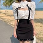 Short-sleeve Bow Detail Blouse / Ruffle Hem Mini Pencil Skirt