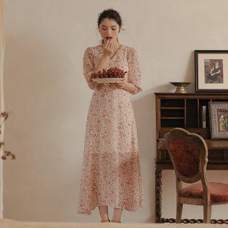 Floral V-neck Elbow-sleeve Midi A-line Dress
