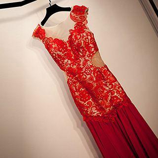 Cap-sleeve Lace Panel Sheath Evening Gown
