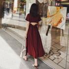 Short-sleeve Open Back V-neck A-line Midi Dress