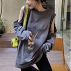 Long-sleeve Cut-out T-shirt Gray - One Size