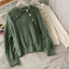 Asymmetric-collar Furry-knit Sweater