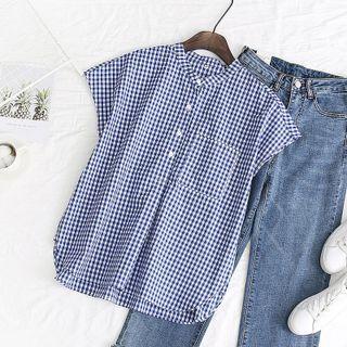 Cap-sleeve Check Henley Blouse