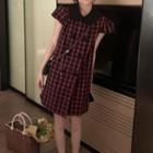 Puff-sleeve Plaid Double-breasted Dress