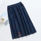 Embroidered Denim A-line Midi Skirt Denim Blue - One Size