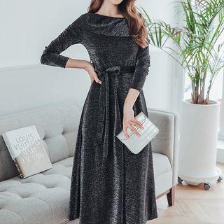 3/4-sleeve Ruffle-trim Midi A-line Dress