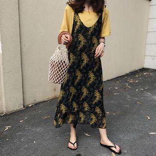 Floral Print Spaghetti Strap Midi Dress / Plain Short Sleeve T-shirt