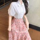 Short-sleeve Shirt / Floral Print Midi A-line Skirt / Set