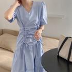 Plain Puff-sleeve V-neck Drawstring Midi A-line Dress