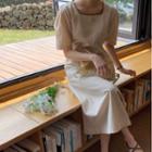 Elbow Sleeve Square-neck Plain A-line Midi Dress