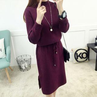 Plain Drawstring Waist Long Sleeve Knit Dress