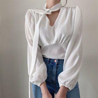 V-neck Tie-neck Long-sleeve Blouse