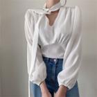 V-neck Tie-neck Long-sleeve Blouse