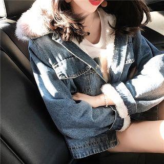 Faux Fur Collar Denim Jacket Blue - One Size