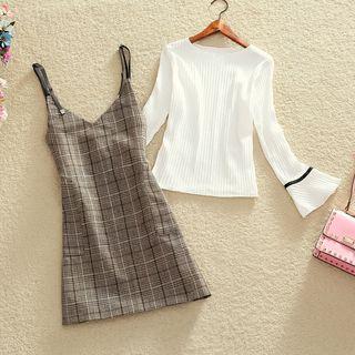 Set: Contrast Trim Long Sleeve T-shirt + Plaid Spaghetti Strap Dress