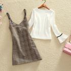 Set: Contrast Trim Long Sleeve T-shirt + Plaid Spaghetti Strap Dress