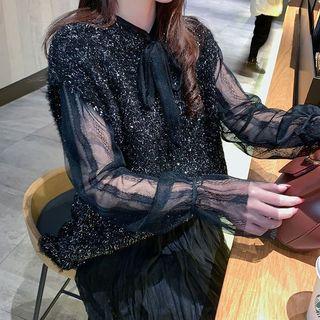 Set: Tie-neck Blouse + V-neck Knit Vest