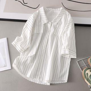 Elbow-sleeve Pinstripe Shirt Black Stripe - White - One Size
