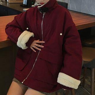 Fleece-lined Stand Collar Zip Jacket Wine Red - One Size