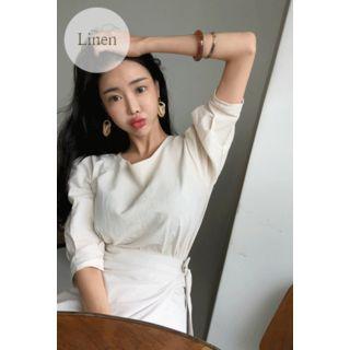 Set: Puff-sleeve Linen Blend Top + Wrap-front Flare Skirt