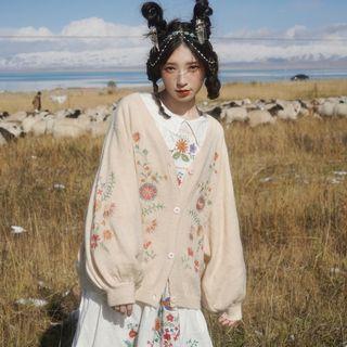 Lantern-sleeve Flower Embroidered Cardigan Purple - S